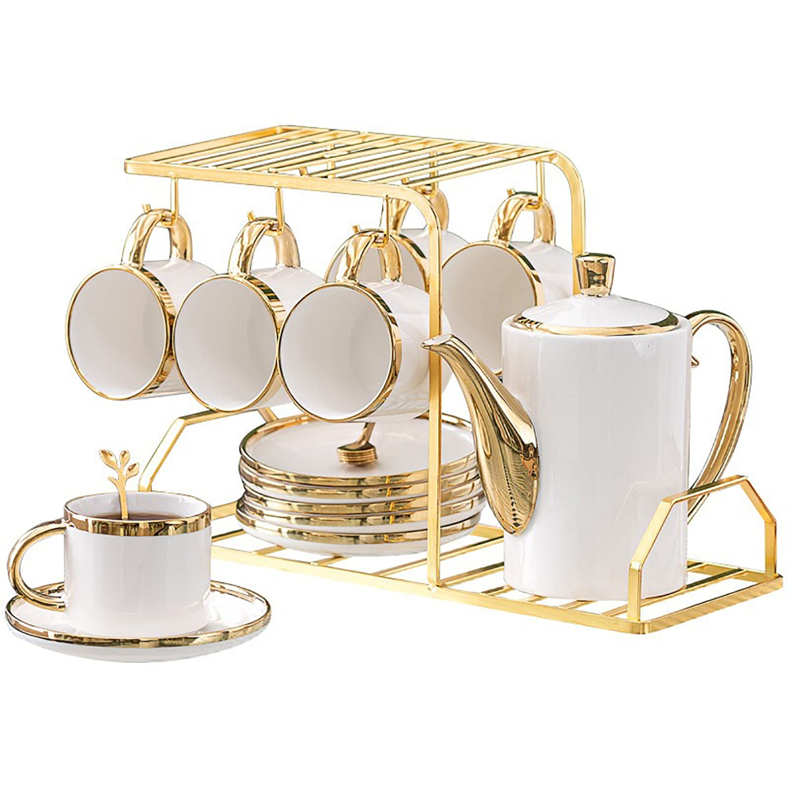 Gold Edge Ceramic Tea Cups Set, 20 Pcs White Porcelain Tea Set
